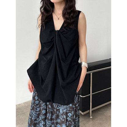 French crew neck design three-dimensional kinked vest top women's summer new loose and thin shirt