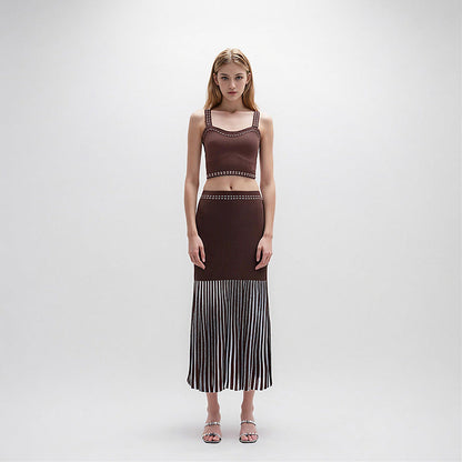 Sleeveless Two-Piece Set Women Hollow Beaded Vest Top Skirt Suit