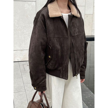 Vintage suede faux leather patchwork cropped jacket - women's winter warm cotton padded outerwear top 8556