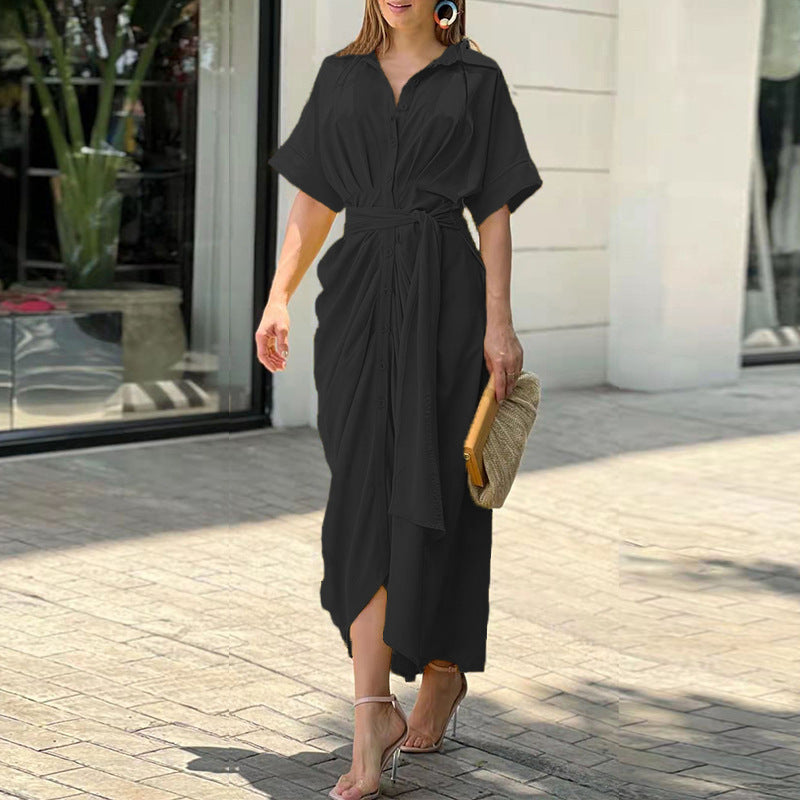 Elegant Lapel Collar Printed High-Waist Maxi Dress