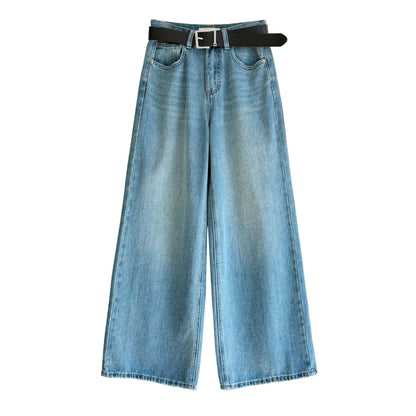 Spring retro light blue wide-leg straight with belt jeans women's design high-waisted trousers