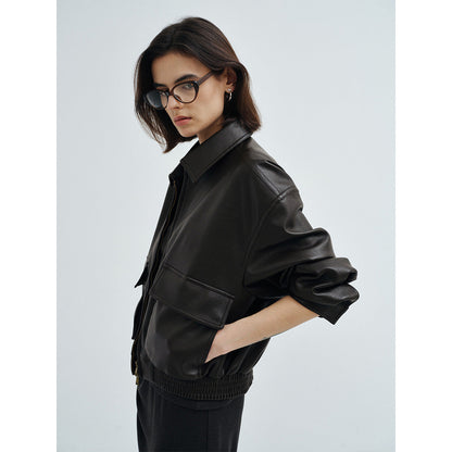 Spring new double-layer large pocket silhouette vintage workwear PU leather jacket jacket