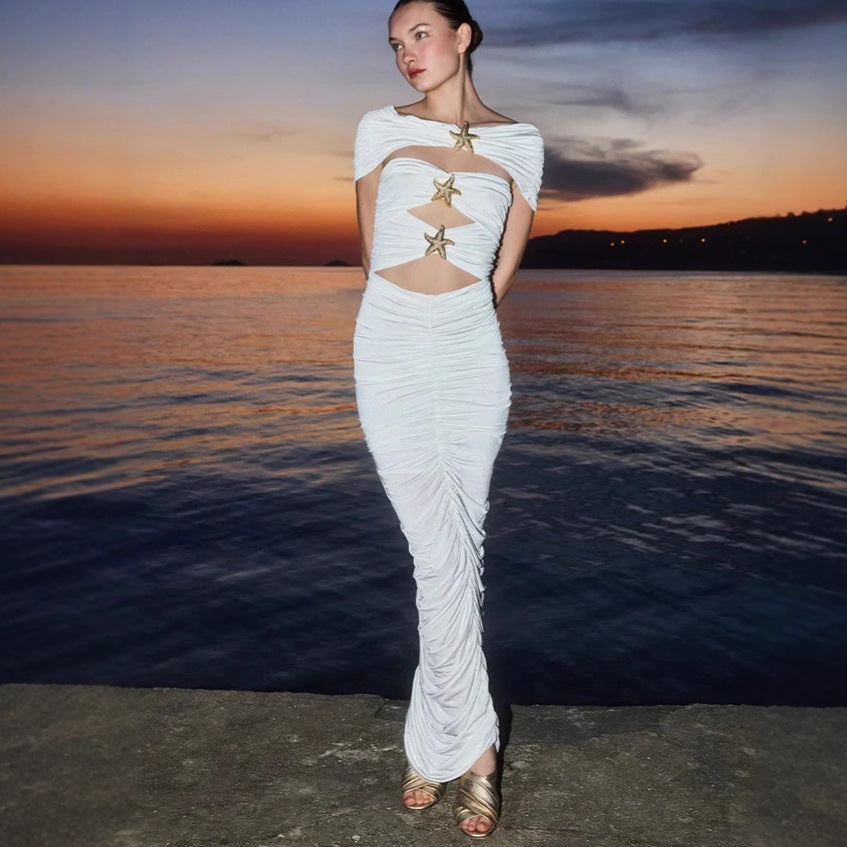 Women's new fashion hollow design sense one-word shoulder dress sexy slim hip skirt