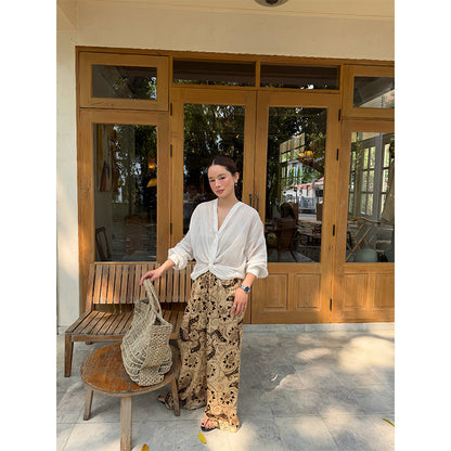 Chunbo Jubilee Tencel ethnic style retro lace-up print wide-leg pants