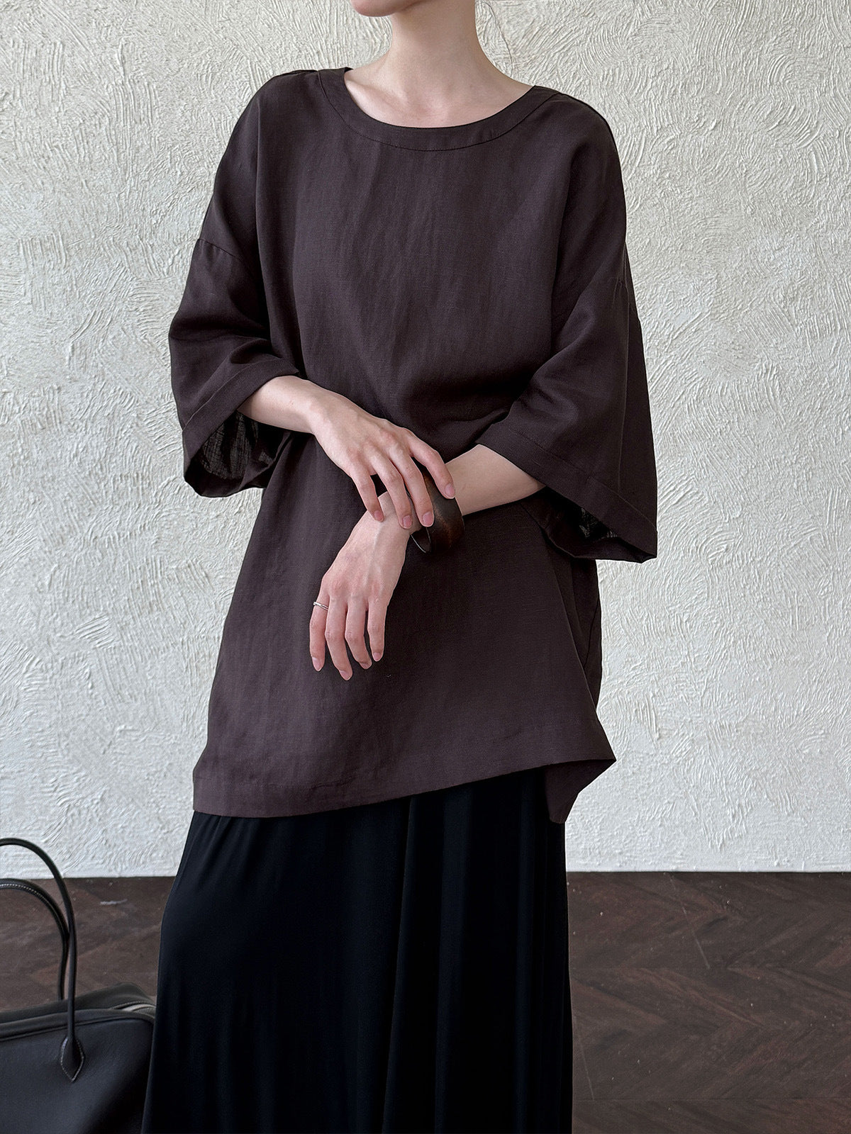 Lazy wind simple loose round neck T women's summer new back strap five-quarter sleeve short-sleeved top