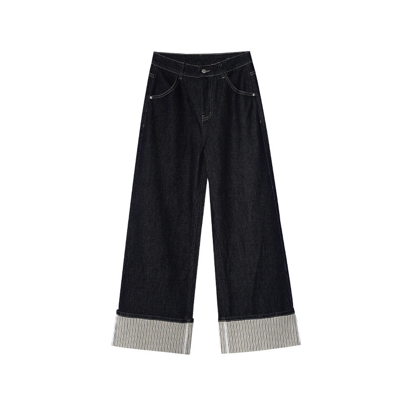 Foreign-style striped flanged mid-waist straight jeans