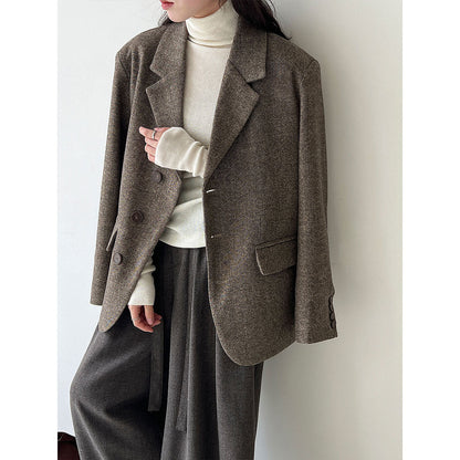 Minimalist high-end autumn and winter wool woolen blazer women's cropped texture tweed coat