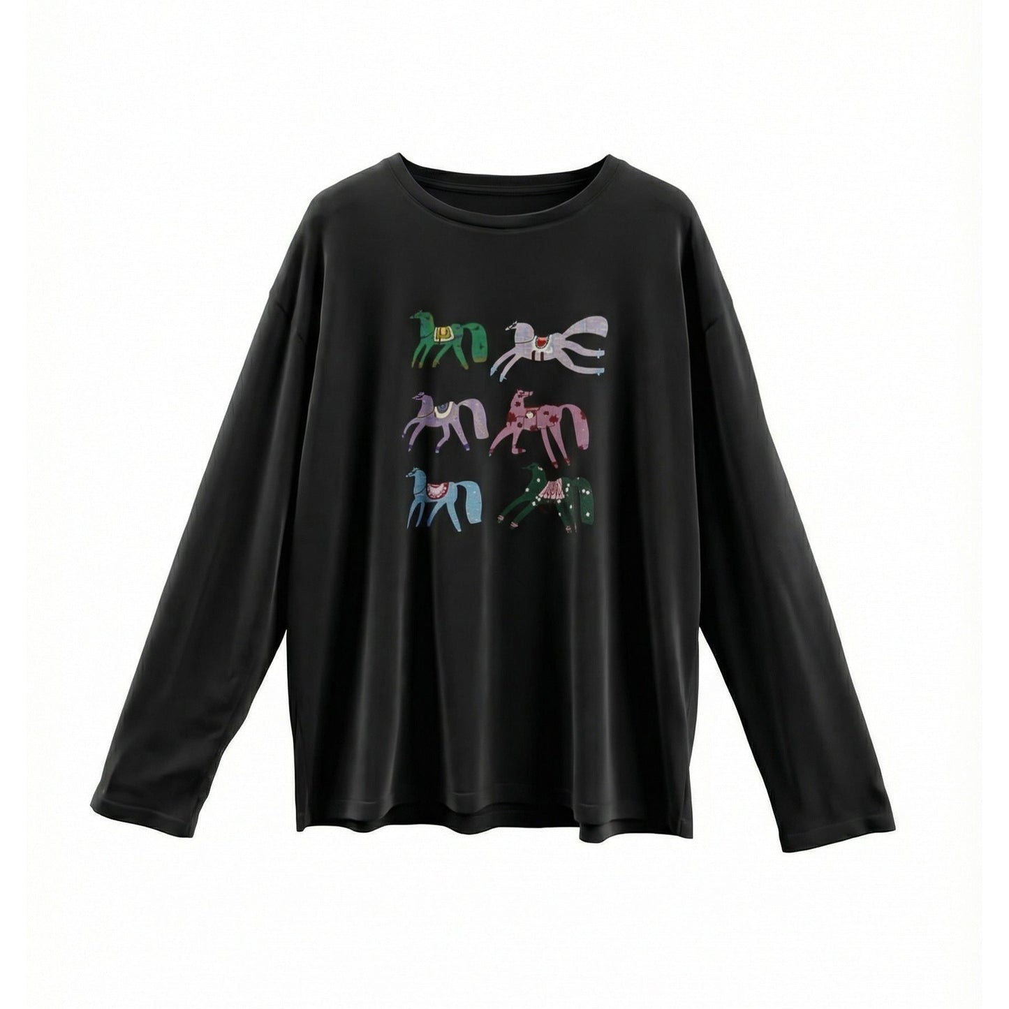 Flax mulberry silk pony print embroidered T-shirt