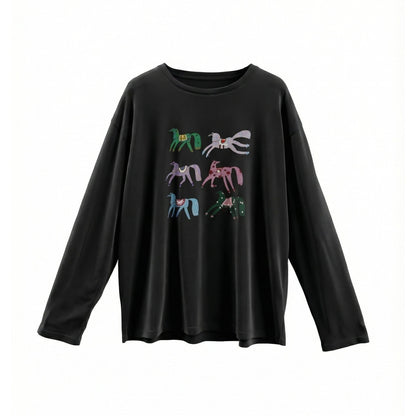 Flax mulberry silk pony print embroidered T-shirt