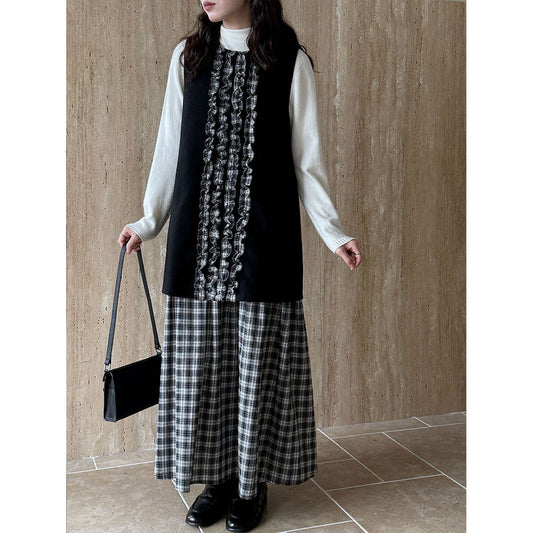 Japanese plaid fungus edge fishtail dress autumn and winter temperament petal woolen vest skirt