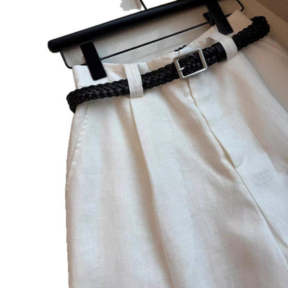 White linen high-waisted wide-leg shorts