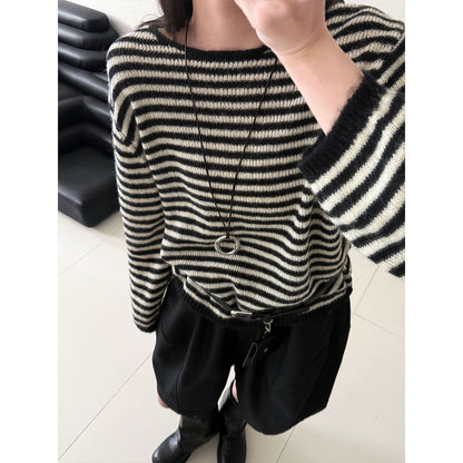 Casual wool retro striped lazy soft waxy knitted sweater women's spring new long-sleeved top