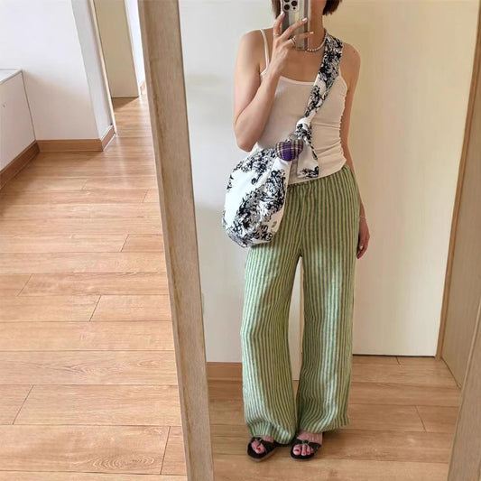 Japanese design sense niche thin casual linen striped nine-point elastic wide-leg pants children's summer new