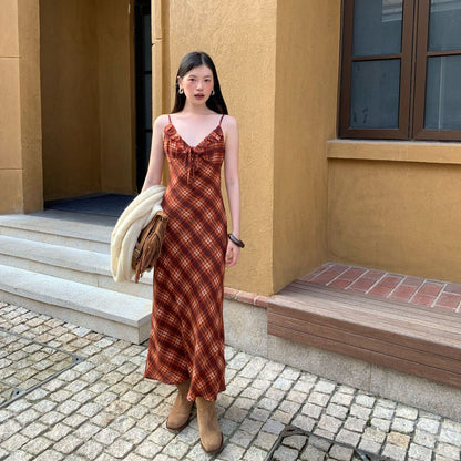 Holiday waist long dress plaid suspender dress
