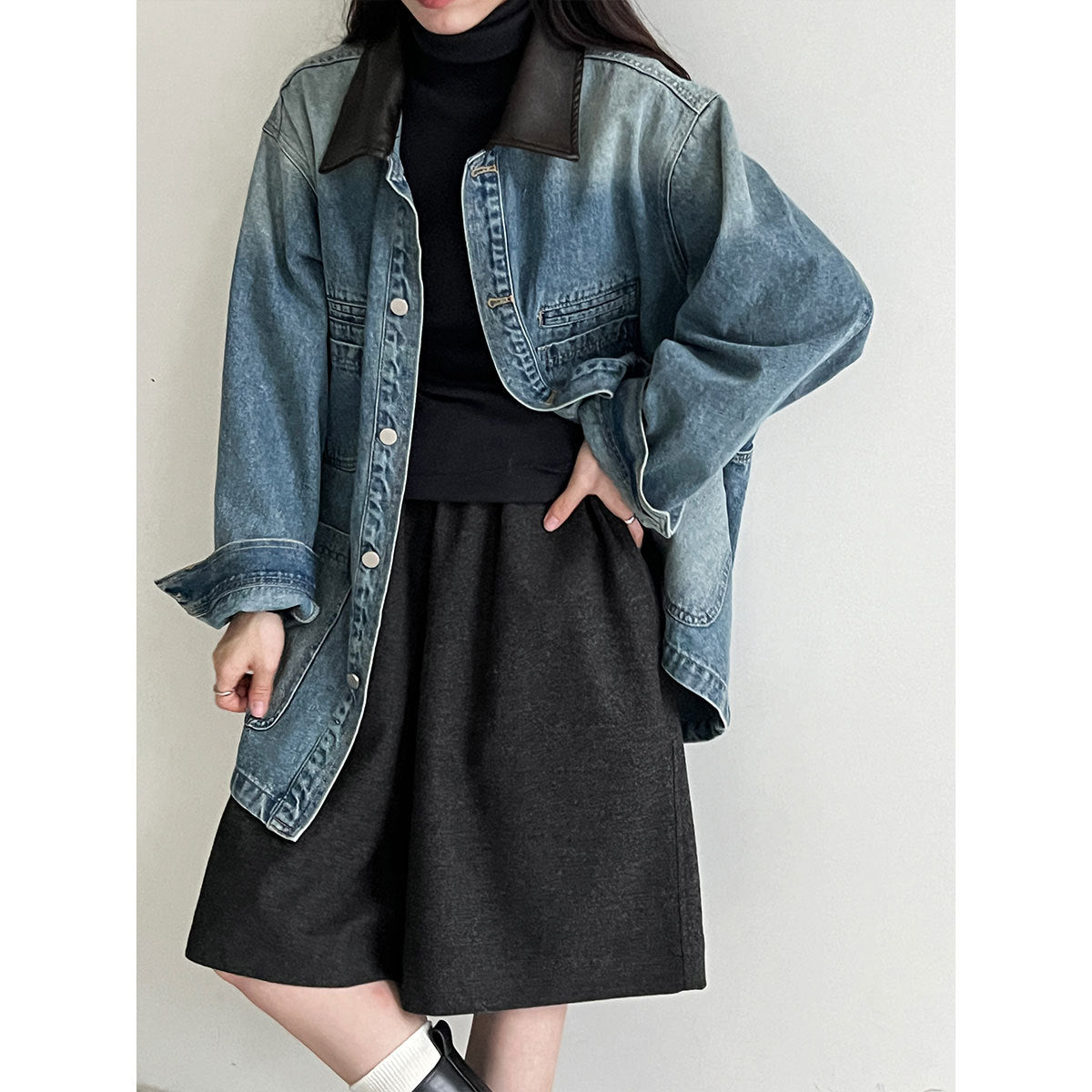 Minimalistautum woolen wide-leg shorts for women cover the cross slimming lookhalf length pants loose feeling boot pants
