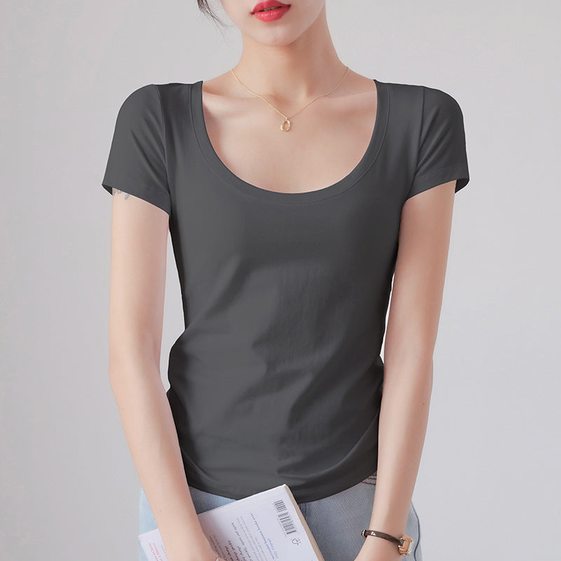 Round Neck Short Sleeve T-Shirt Women Slim Fit Cotton Base Layer Top