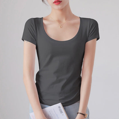 Round Neck Short Sleeve T-Shirt Women Slim Fit Cotton Base Layer Top