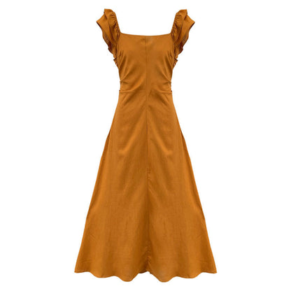 French small flying sleeve temperament dress summer new back hollow waist thin vest skirt