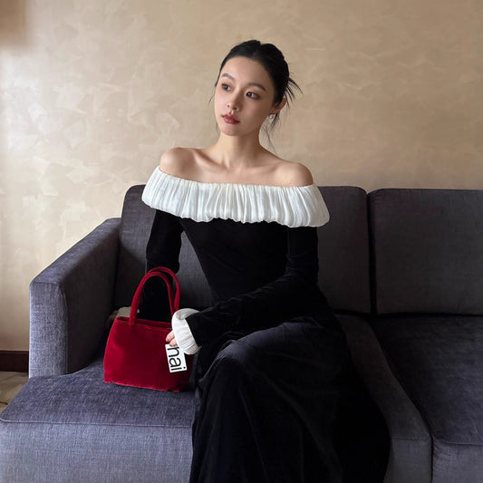 Elegant pleated slim-fitting ruffle-edged velvet shirt
