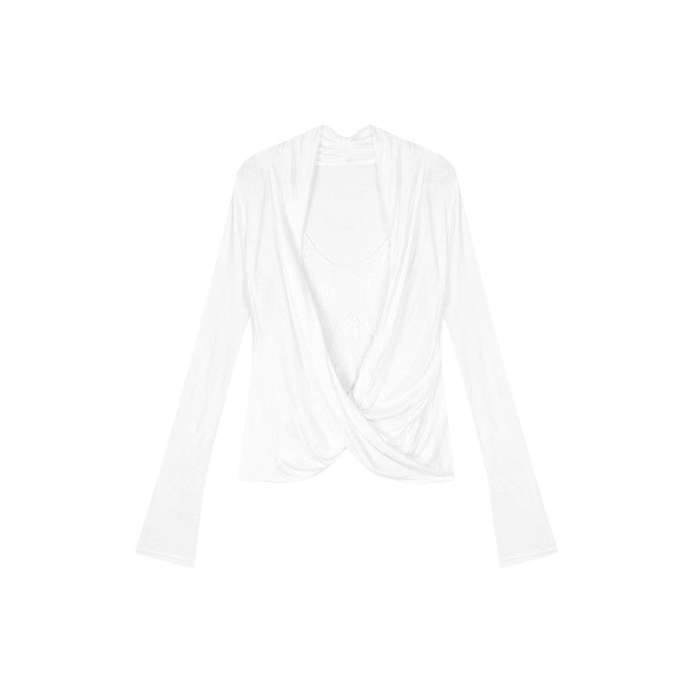 V-Neck Long Sleeve T-Shirt Women Slim Fit Lace Splicing Layered Top