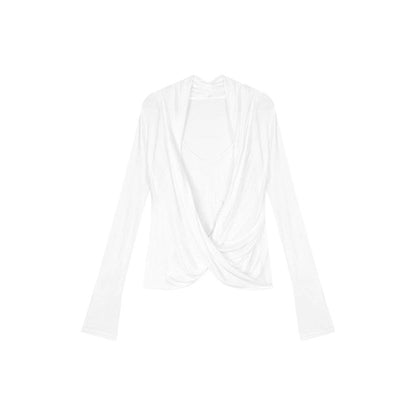 V-Neck Long Sleeve T-Shirt Women Slim Fit Lace Splicing Layered Top