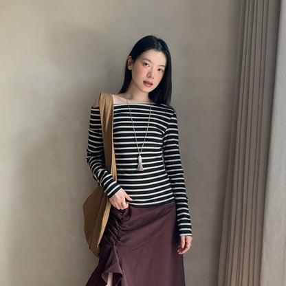 Long Sleeve Slash Shoulder Neck Striped T-Shirt Top