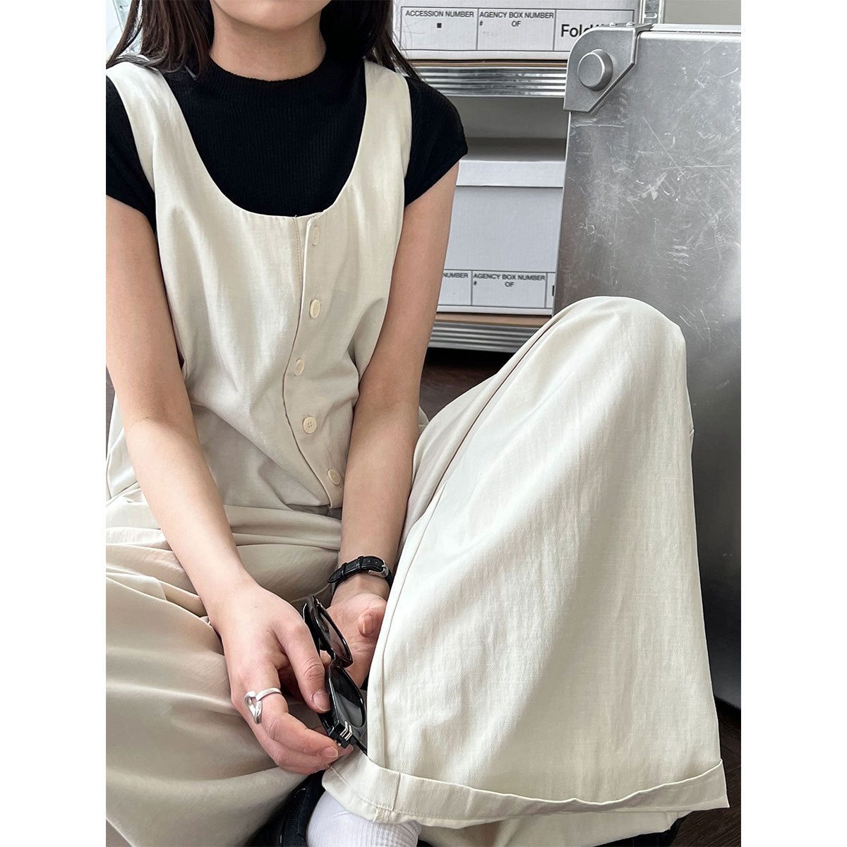 Korean version U-neck wide shoulder strap sleeveless jumpsuit stacked with large pockets casual pants, thin wide-leg trousers