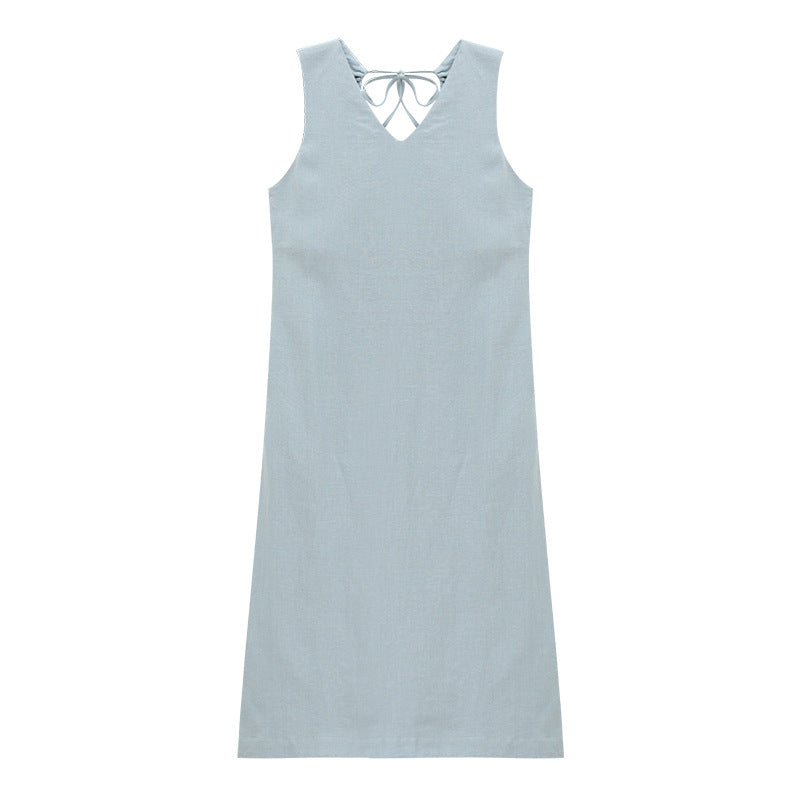 Ramie backless A word belly covering and thin v-neck sleeveless dress