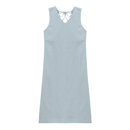 Ramie backless A word belly covering and thin v-neck sleeveless dress