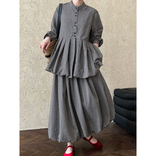 Vintage age-reducing plaid doll shirt top + bud skirt two-piece spring suit