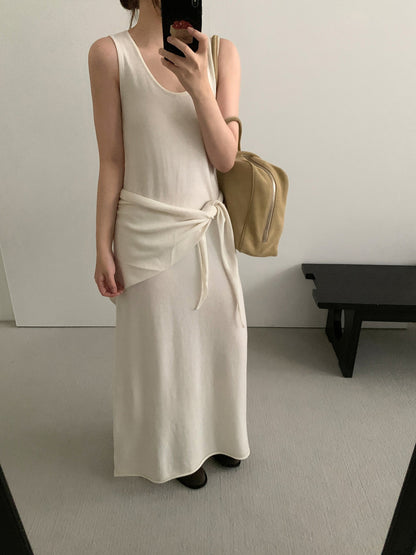 U-Neck Sleeveless Dress Women High Waist Wool Knit Maxi Two-Piece