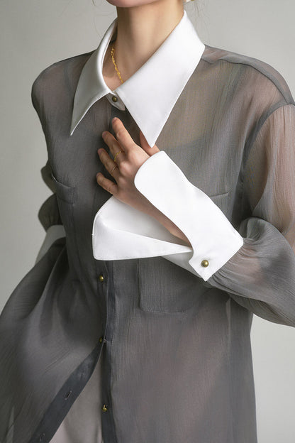 Spring and summer new sunscreen top temperament fragrant French fashionable shirt gray retro loose shirt women