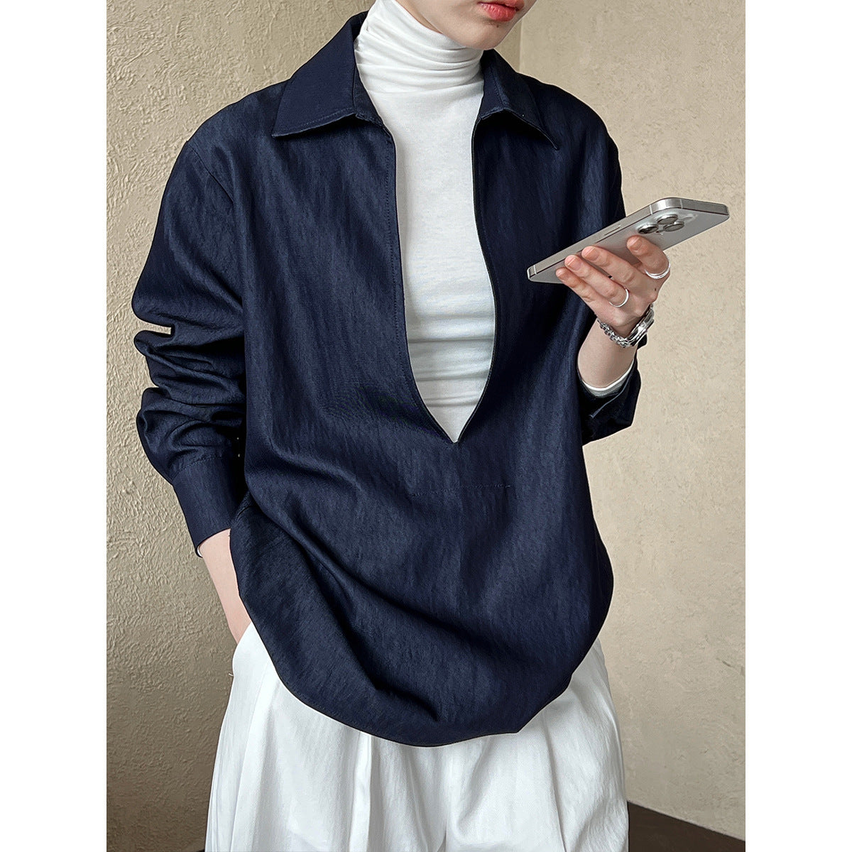 Light ripe long-sleeved V-neck shirt women's autumn new fashion imitation denim overlay top