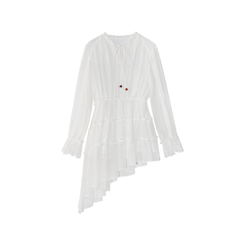 Age reduction temperament irregular beveled hem shirt dress