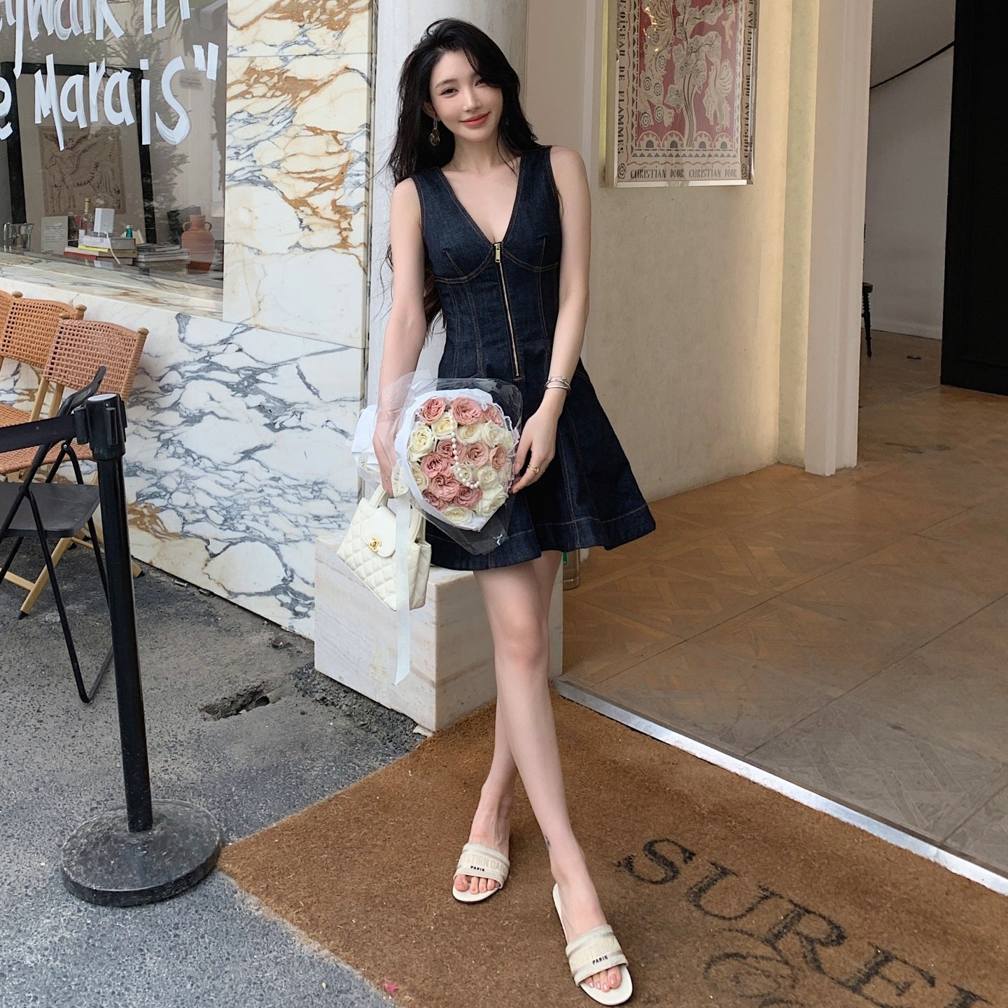 Denim Dress Women V-Neck Sleeveless High Waist A-Line Short