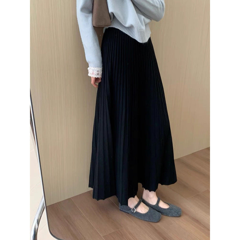 High waist and thin medium and long thickened pleated knitted skirt