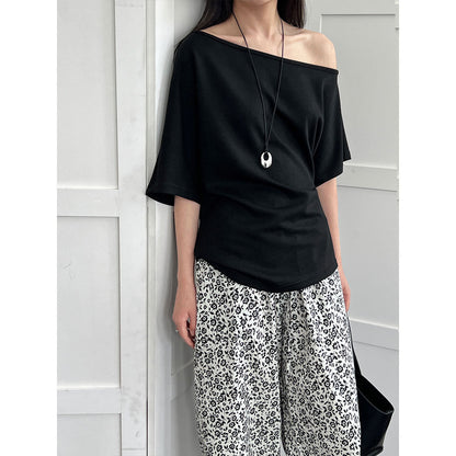 Lazy slanted shoulder loose short-sleeved women's summernew arrival off-shoulder asymmetrical waist slimming look t-shirt