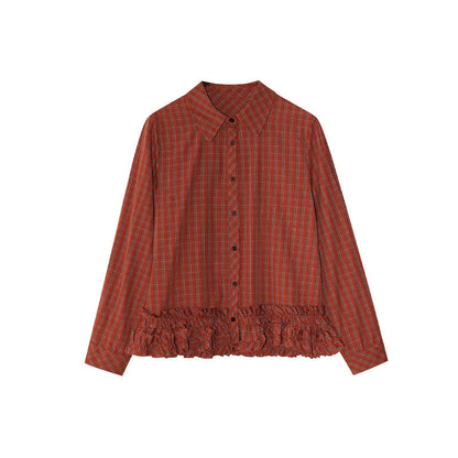 Autumn Merad retro fashion foreign style lapel long-sleeved plaid shirt