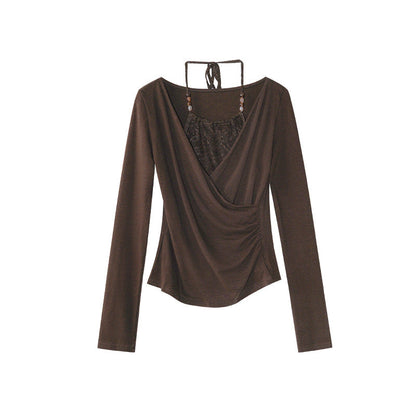 Sexy splicing lace slim neck long sleeve T-shirt