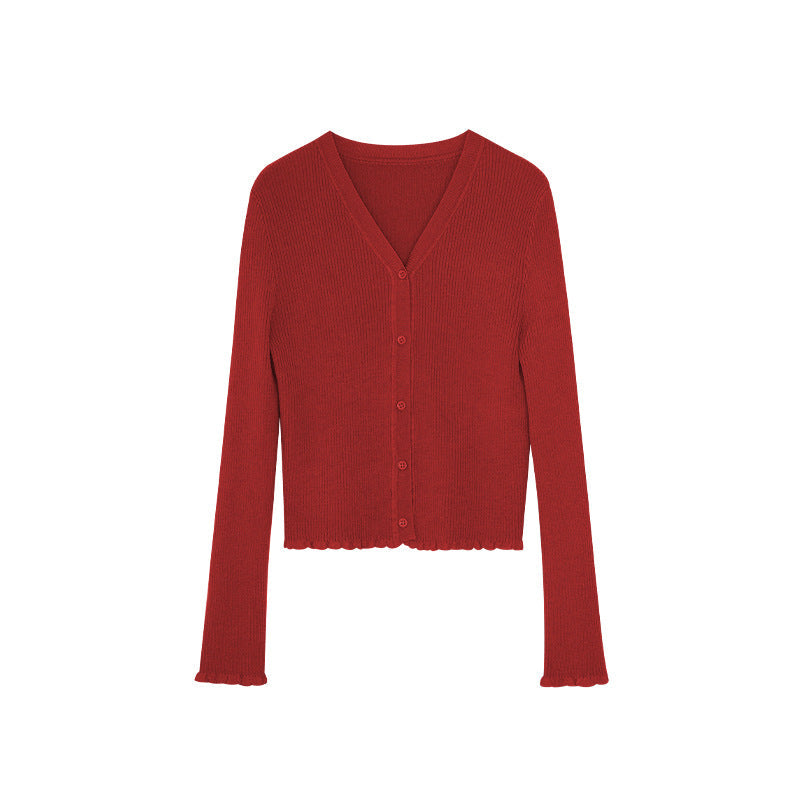 Versatile Lyocell pit strip long-sleeved v-neck knitted cardigan