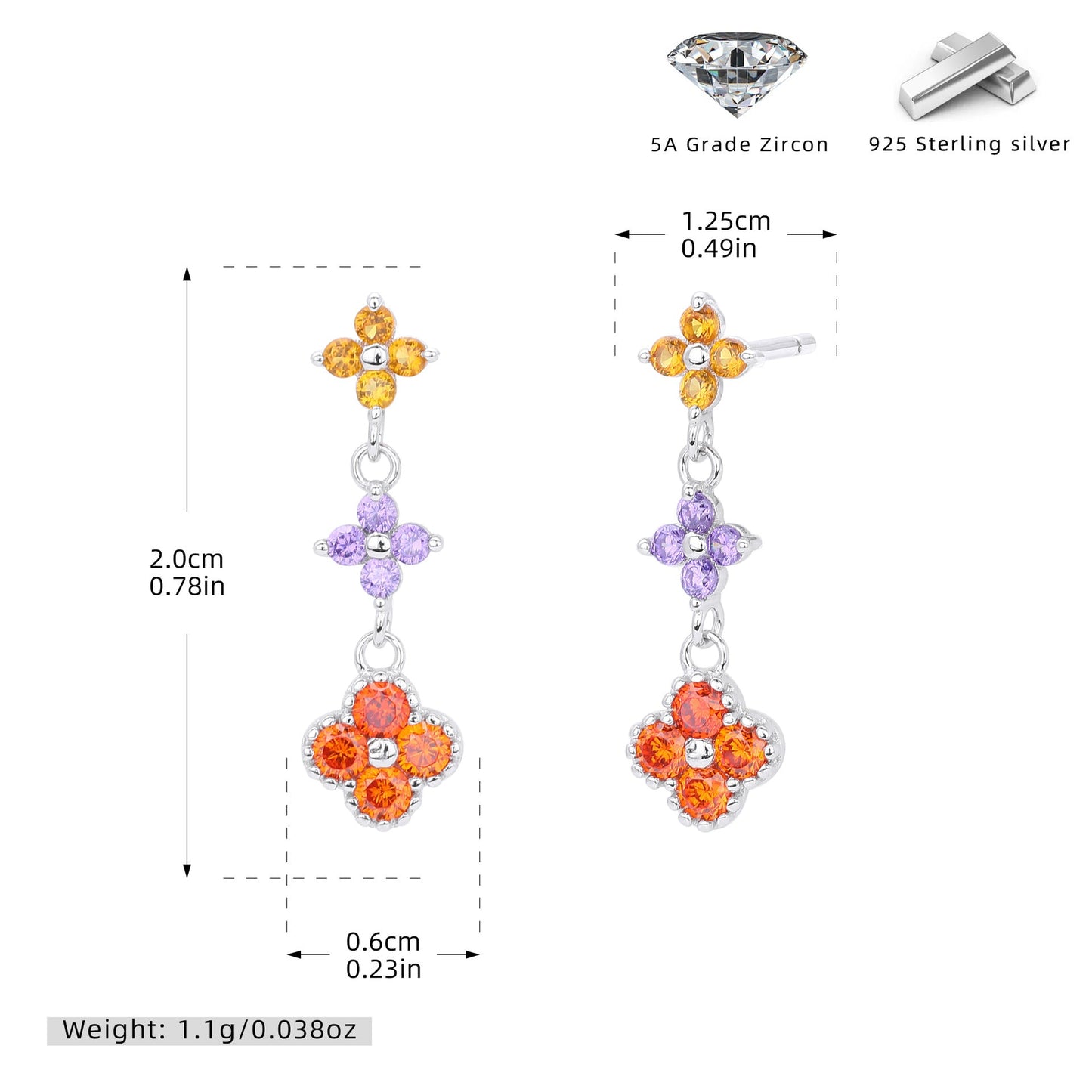 925 Sterling Silver Stud Earrings Color Zirconium Flower Earrings