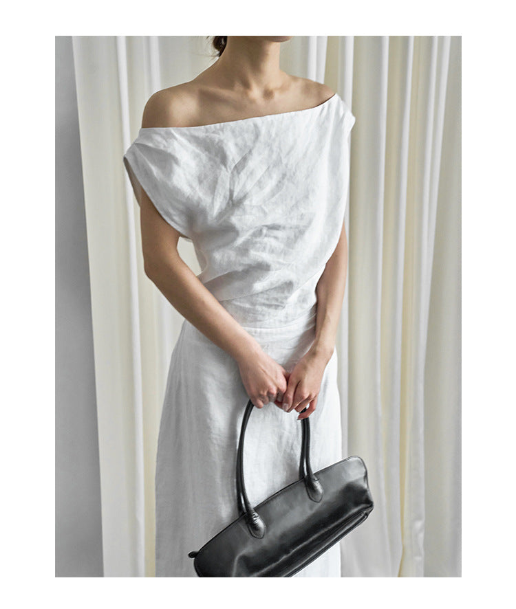 100% linen one-word shoulder dress elegant and thin summer dress