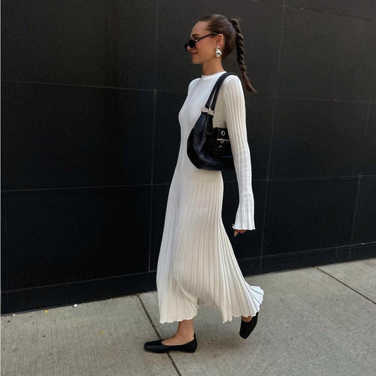 Knitted Long Dress Women Round Neck Bell Sleeve Lace-Up Casual