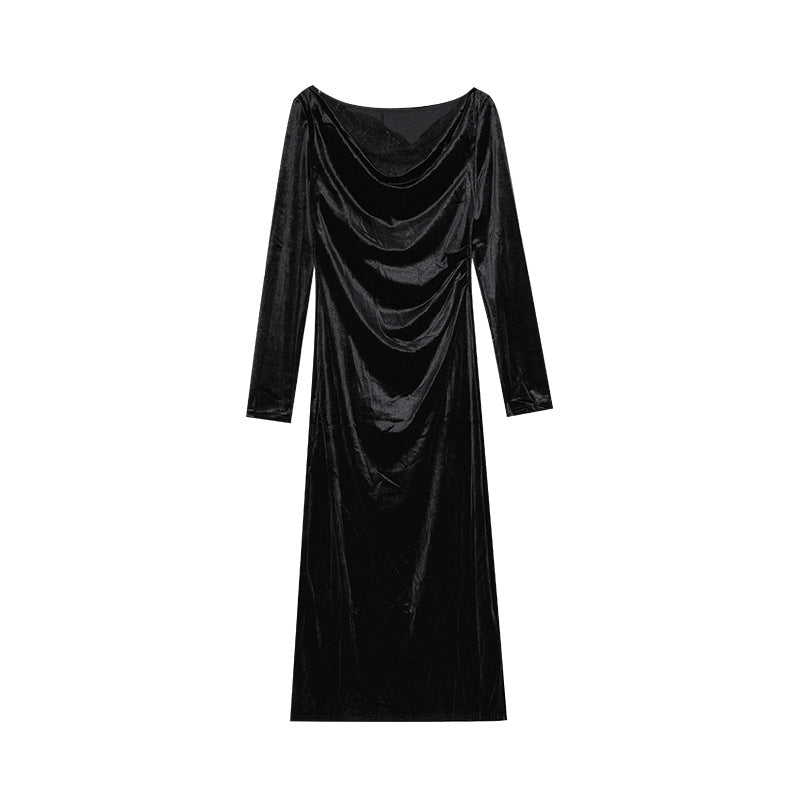 Elegant and slim velvet slingneck temperament dress