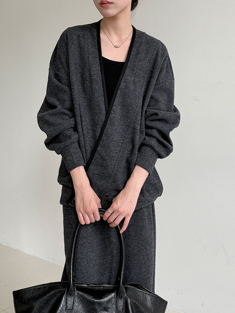 Soft waxy wool diagonal placket splicing top + high waist skirt two-piece women's autumn suit