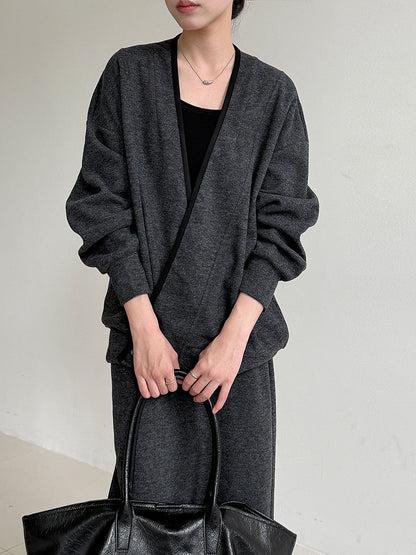 Soft waxy wool diagonal placket splicing top + high waist skirt two-piece women's autumn suit