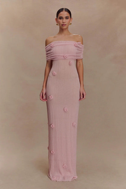 New holiday style tube top long dress design sense slim flower word shoulder dress