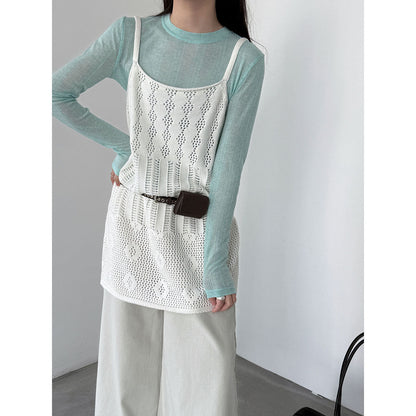 Korean hollow suspender knitted vest skirt women's spring new stacked A-shaped skirt blouse