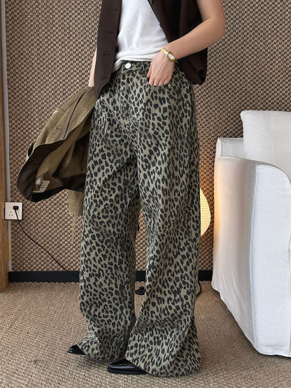 New Korean retro fashionable contrasting color leopard print printed jeans loose silhouette trousers women
