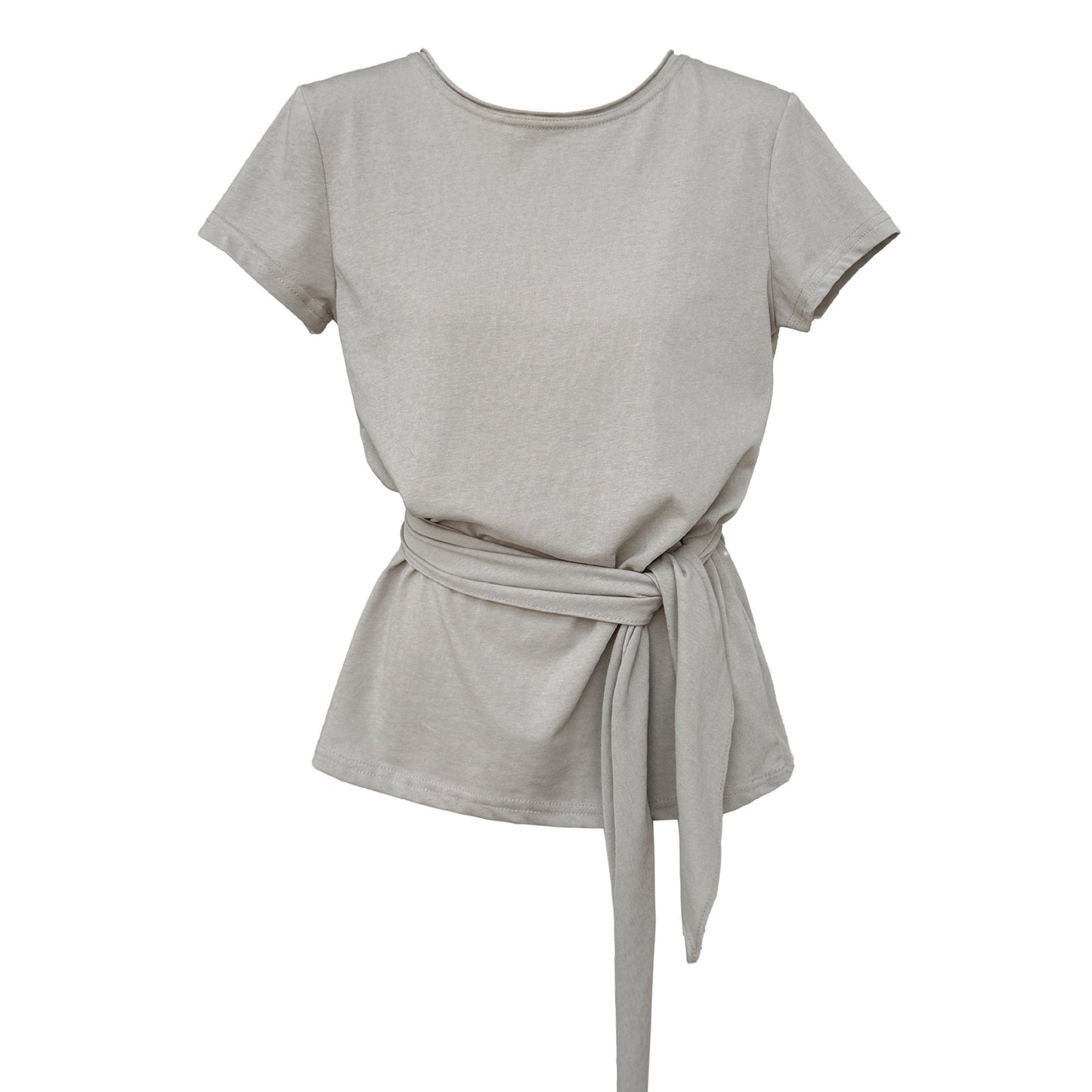 Korean version strap waist T-shirt women's summer new casual round neck versatile short-sleeved front shoulder top